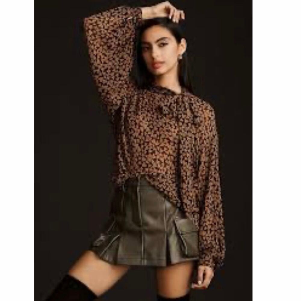 Maeve Anthropologie Blouse sheer Tie Neck Sheer Balloon Sleeve Black Tan M fall